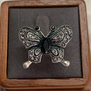 Rhinestones Marcasite Sterling Silver Plated Butterfly Adjustable Ring